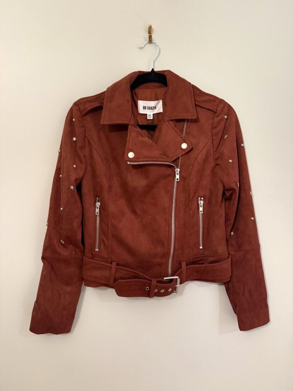 NWT BB Dakota Faux Suede Star Studded Moto Jacket Brown Suede Size XS $118 [jb]